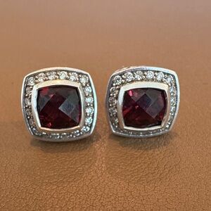 David Yurman Elegant Silver Garnet and Diamond Stud Earrings